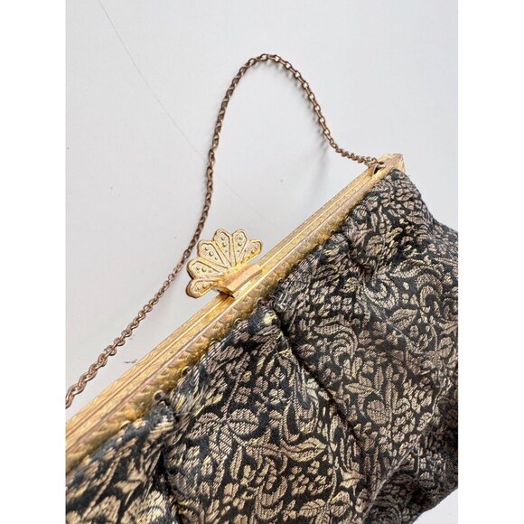 Vintage SIMPSON'S Black Gold Brocade Kiss Loss Evening Purse Bag - Picture 5 of 9
